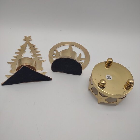 Vintage Lot of 3 Christmas Brass Votive Pillar Candle Holders, Tree Star Wreath - Picture 10 of 17